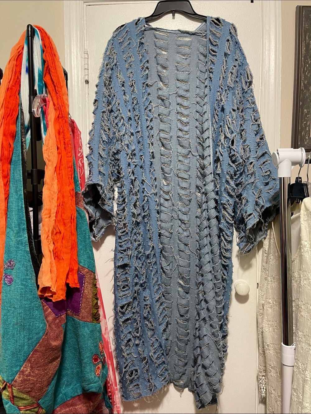 Distressed Open Knit Denim Blue Duster Cardigan - Picture 2 of 6
